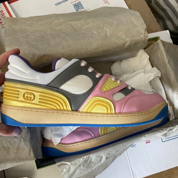 NEW GUCCI Basket Panelled Low-Top Sneaker in Pastel Pink Yellow White Demetra 40 - Picture 8 of 14